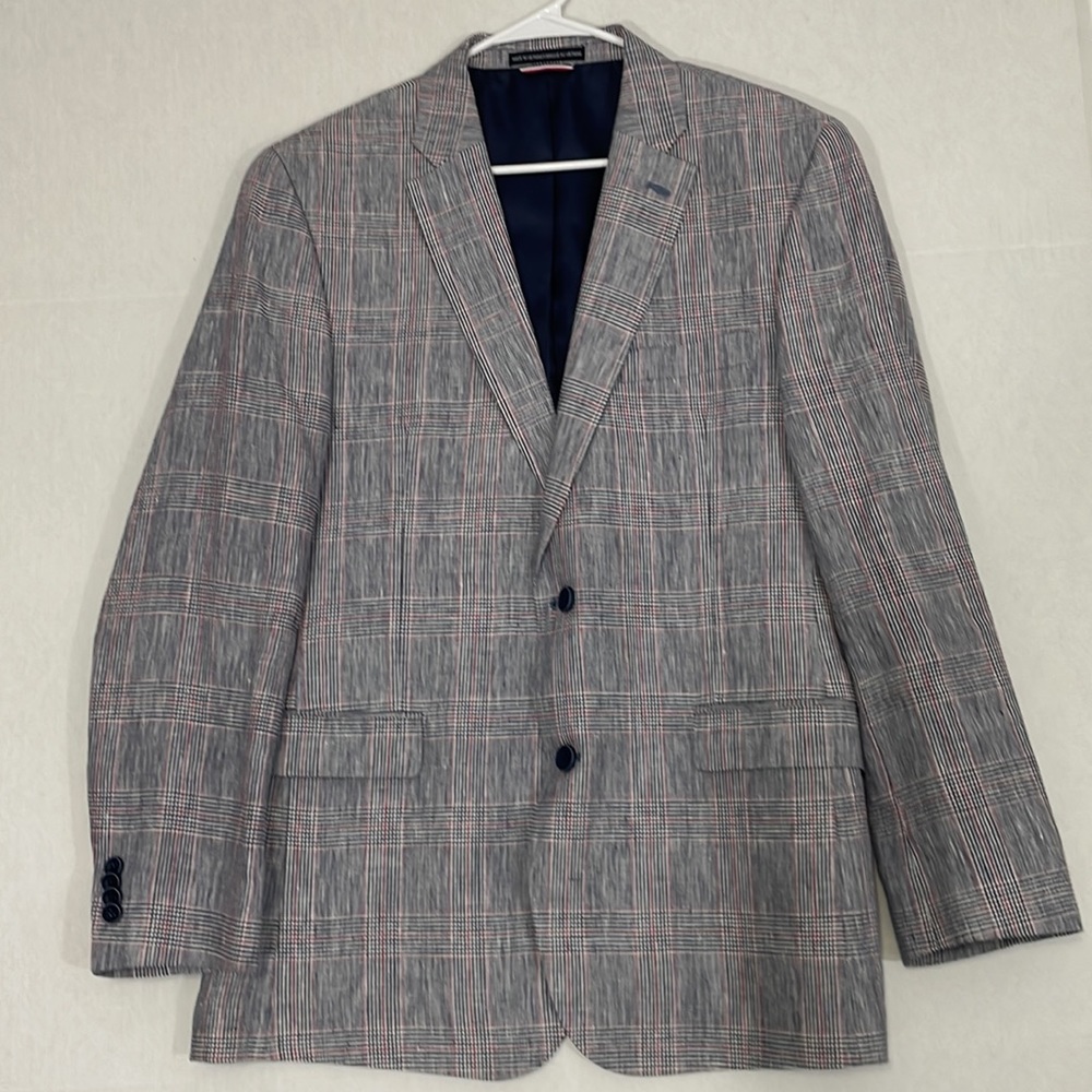 Tommy Hilfiger Linen Blazer Jacket, 2 Button, Lined, Gray Red & Blue Plaid, 42R